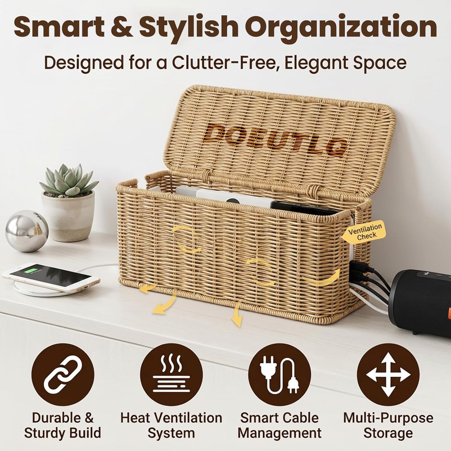 Desk Organizer Decorative Rattan Decor Countertop Cable Management Box Charging Station for Appliances Cord Hider Office Storage Router with Lid Under Wire Tech Basket Extension Phone Cute Handmade