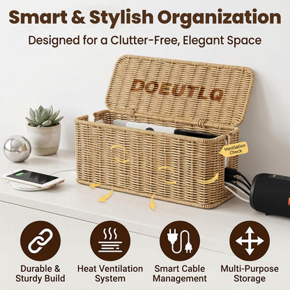 Desk Organizer Decorative Rattan Decor Countertop Cable Management Box Charging Station for Appliances Cord Hider Office Storage Router with Lid Under Wire Tech Basket Extension Phone Cute Handmade