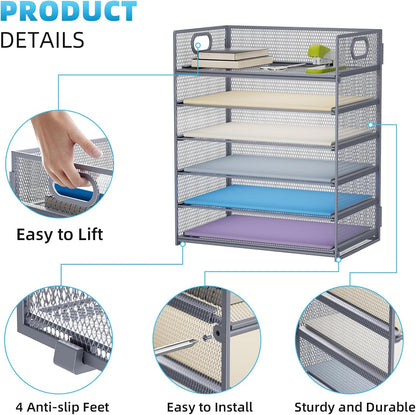 Marbrasse 6 Tier Paper Organizer Letter Tray - Mesh Desk File Organizer with Handle, Paper Sorter Organizer for Letter/A4 Office File Folder Holder - Black