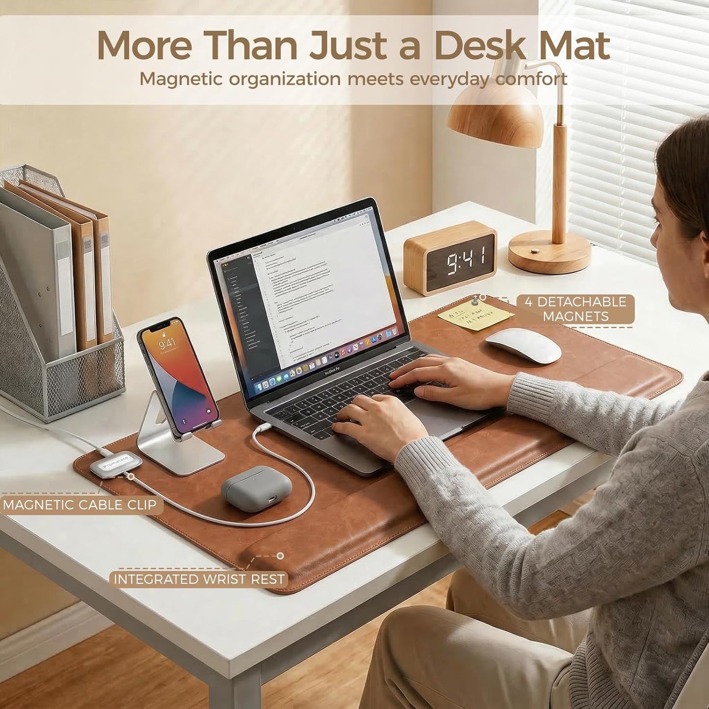 Magnetic Desk Mat System with Wrist Support 80×40cm, Premium Leather Desk Pad with Magnetic Accessories, Waterproof Non-Slip Desk Organizer for Office & Gaming