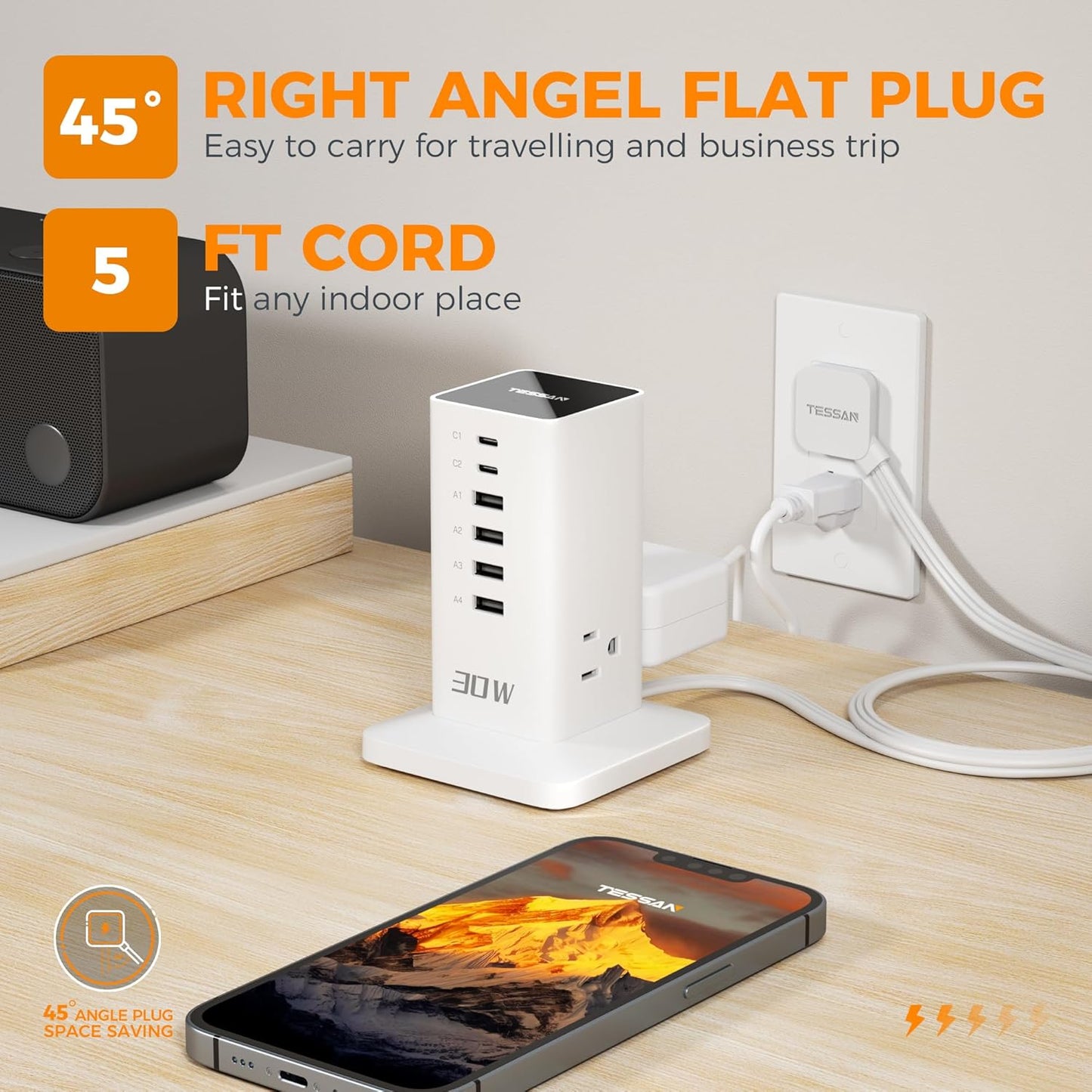 Charging Station for Multiple Devices, TESSAN 9-in-1 USB C Power Strip for iPhone 17/16/15, MacBook, Tablet, Desktop Phone Fast Charger with 3 AC, USB Charger, Home Drom Office Accessories, White-65W