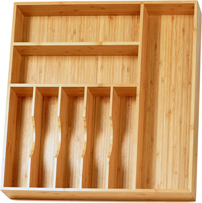 Umilife Bamboo Kitchen Drawer Organizer, 13 Inch Silverware Utensil Tray Holder, Extra Deep Grooved Drawer Divider, 7 Slots Total Bamboo Wood Caddy for Flatware Cutlery Knives, Forks, Spoons