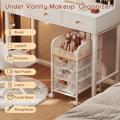 Hongtamoya Rolling Makeup Cart Organizer with 2 Drawers, Narrow Floor Skincare Organizers, Vanity Organizer Cosmetics Display Cases Holder for Skin Care Nail Polish Perfume Makeup Brush, White