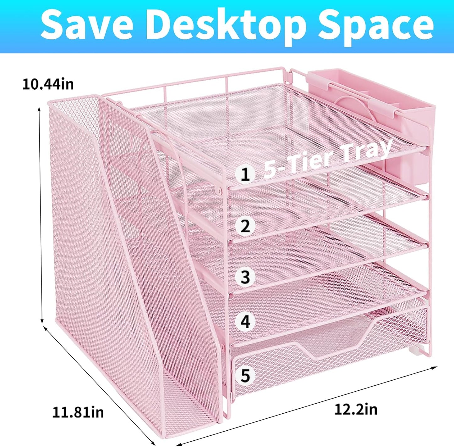 Desk Organizer, 5-Tier Paper Letter Tray Organizer with File Holder, Drawer and Pen Holder, Desktop Organizer for Office Supplies, Black
