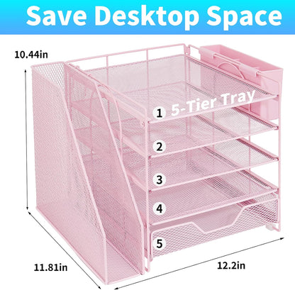 Desk Organizer, 5-Tier Paper Letter Tray Organizer with File Holder, Drawer and Pen Holder, Desktop Organizer for Office Supplies, Black