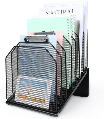 SUMMORO Inclined File Organizer for Desk, 7-Section Vertical File Folder Holder Office Desk Organizer Metal Rack File Wire Mesh Desktop Document Sorter for Office School Classroom Home (Black)