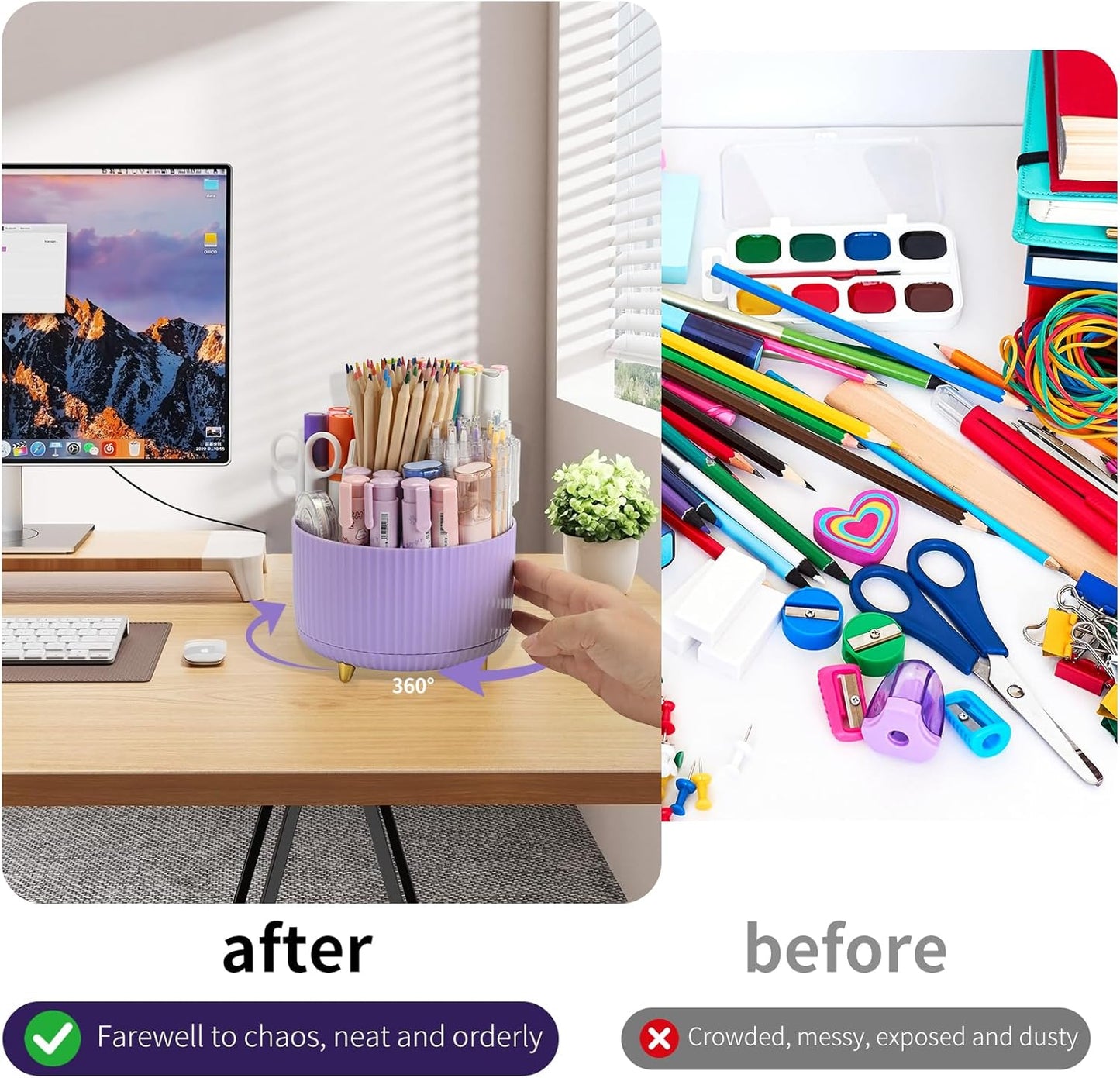 Camelmother Pen Holder For Desk With 5 Slots 360°Rotating Pencil Holder Makeup Organiezr Teacher Supplies Office decor (purple)