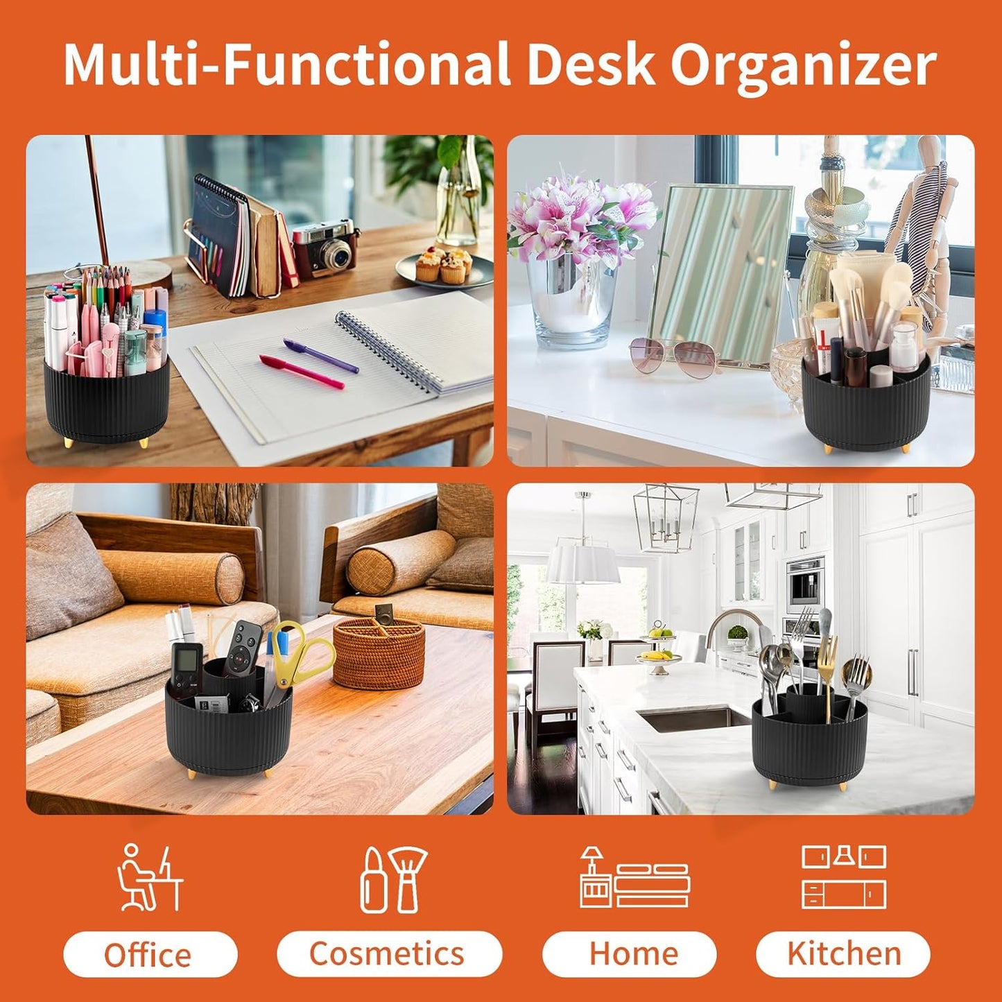 Desk Pencil Pen Holder, 5 Slots 360°Degree Rotating Pen Organizers for Desk, Desktop Storage Stationery Supplies Organizer, Cute Pencil Cup Pot for Office, School, Home, Art Supply, Dark Green