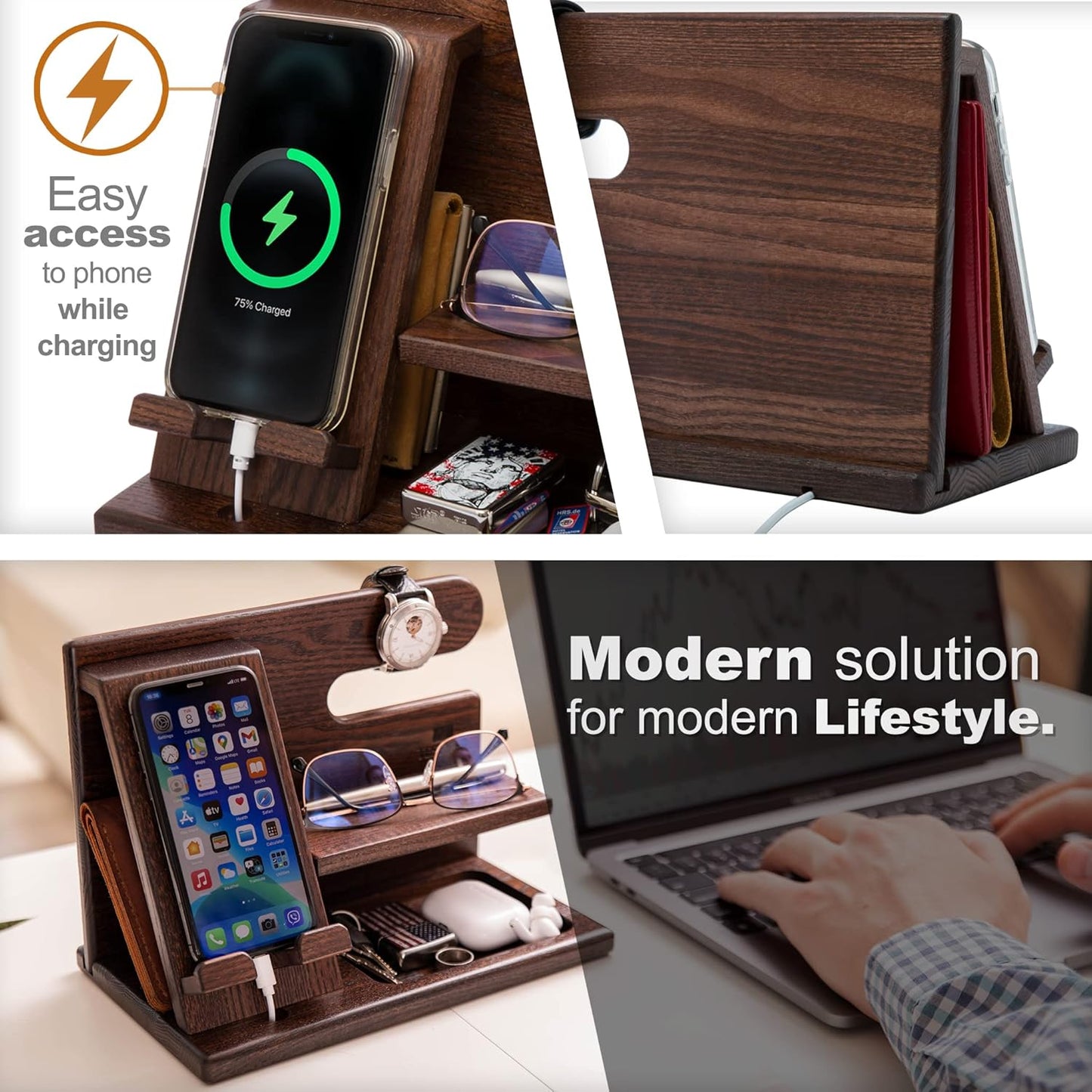 TESLYAR Wood Phone Docking Station for Men - Desktop or Nightstand Organizer - Birthday Gifts for Men, Dad - Anniversary Idea from Wife - Key Holder, Stand Wallet, Watch & Essentials (Granite Black)