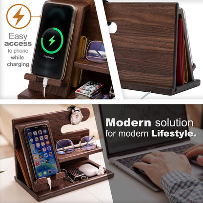 TESLYAR Wood Phone Docking Station for Men - Desktop or Nightstand Organizer - Birthday Gifts for Men, Dad - Anniversary Idea from Wife - Key Holder, Stand Wallet, Watch & Essentials (Granite Black)