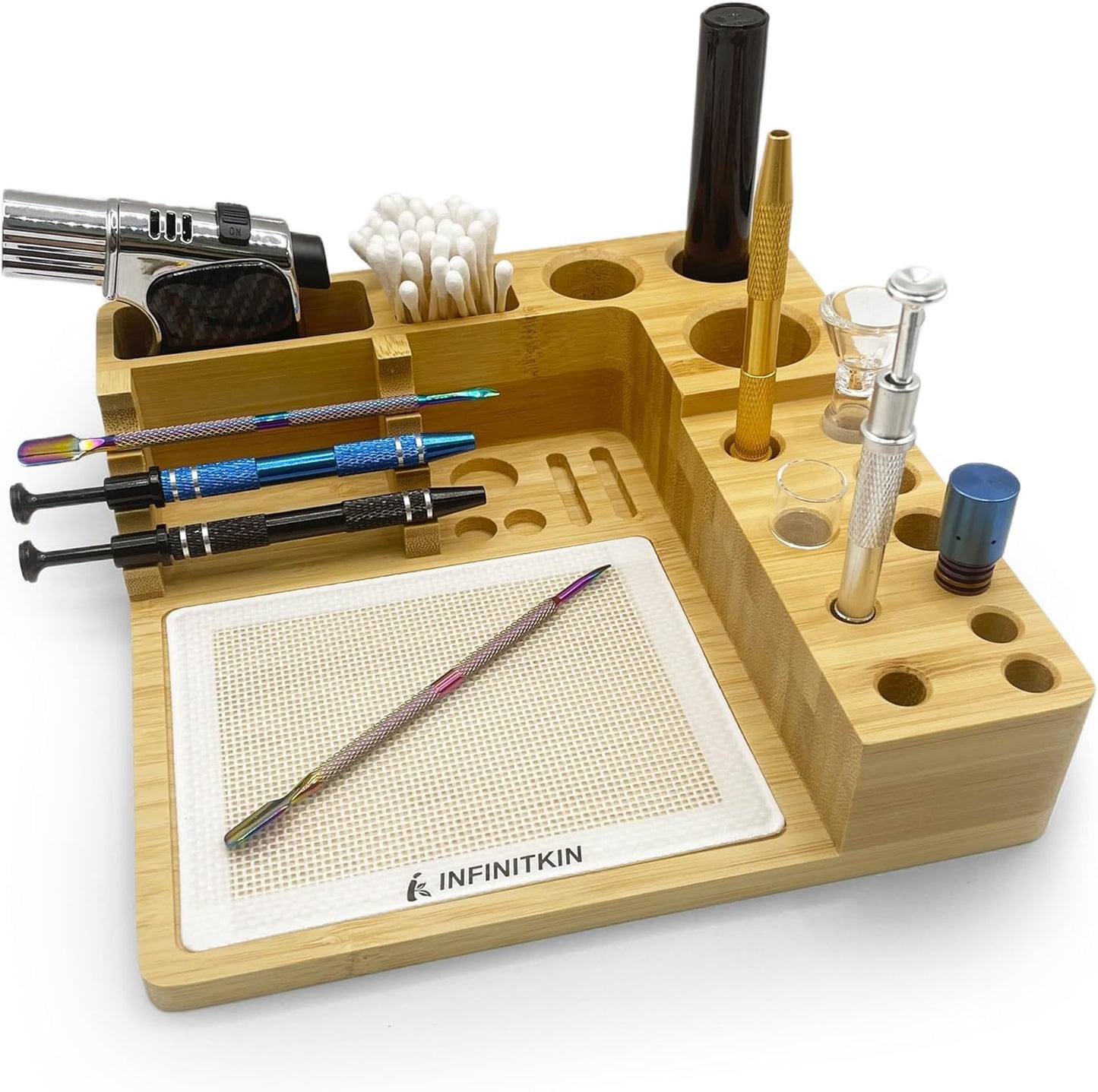 INFINITKIN Bamboo Desk Organizer, Wax Carving Tools Holder with Non-stick Silicone Mat Pad for 4-Claw Pick-up Tool, Cotton Swabs, Pens, and Tool Accessories -Great for Temporary Small Tool Projects