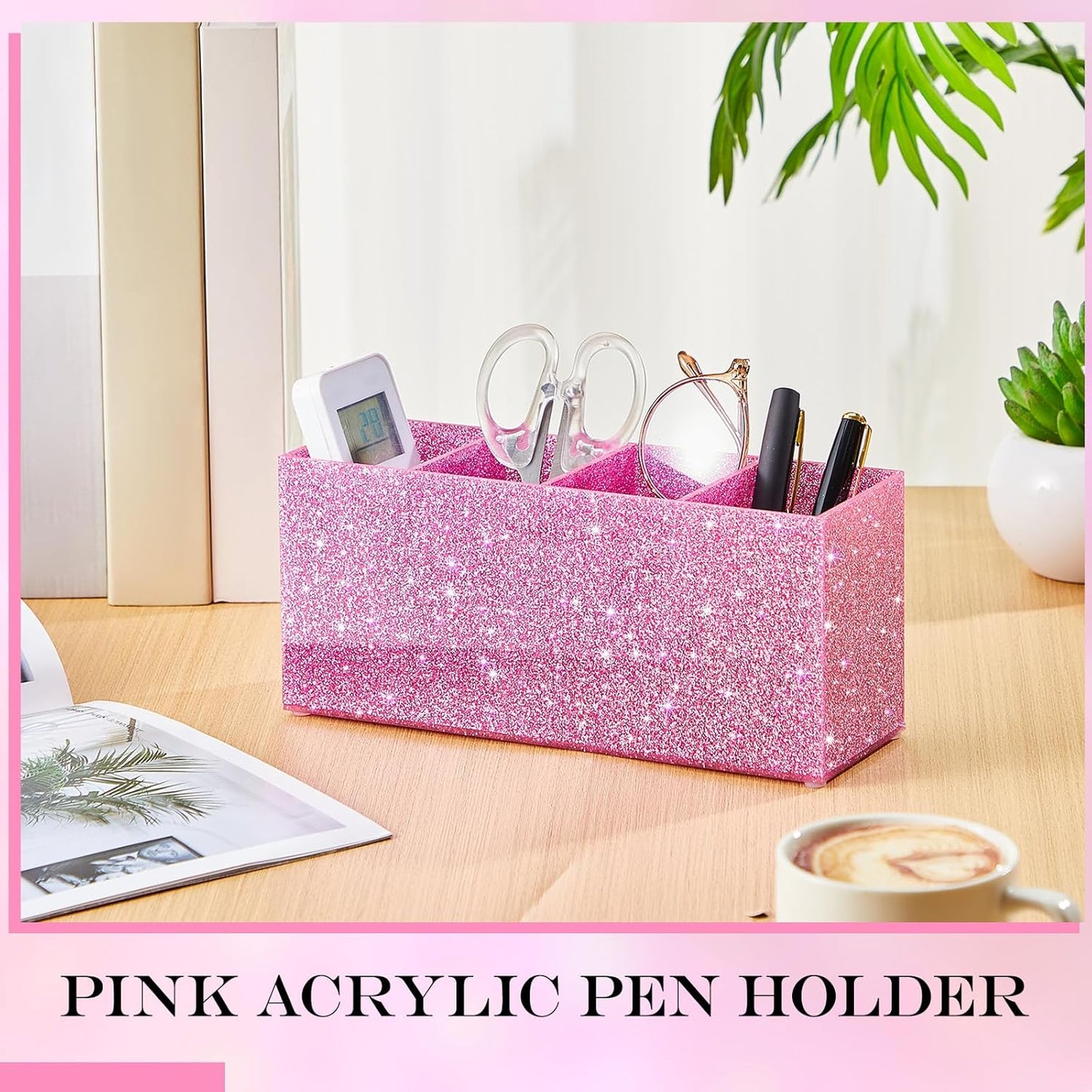 Jetec Acrylic Pen Holder 6 Compartments Makeup Brush Stationery Organizer Pencil Holder for Desk Accessories, Cosmetic Brushes, Dorm, Home, Bathroom, Kitchen, Office Supplies(Neon Pink)