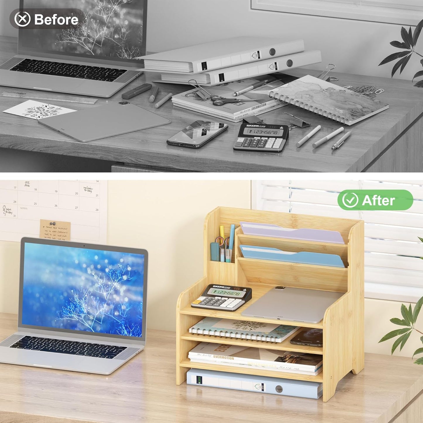 Desk File Organizer 4-Tier Desktop Paper Mail Organizer Document Holder for Home Office Supplies, Office Desk Accessories & Workspace (Nature)