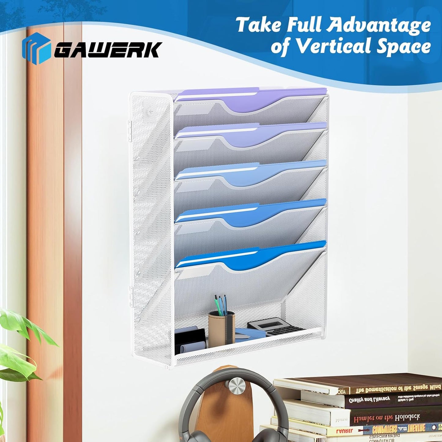 Gawerk 5 Tier Hanging Wall File Organizer, Mesh Mail Paper Orgnization Hanging File Folder Holder for Home Office, Black