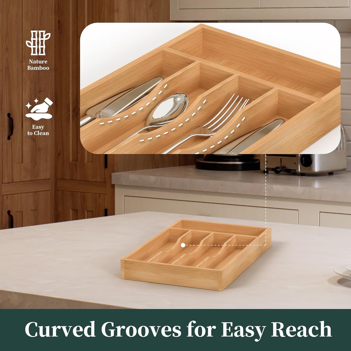 Small Silverware Organizer, Bamboo Kitchen Drawer Organizer, Utensil Holder, Cutlery Tray & Spoon Flatware Storage with Grooved Drawer Dividers (6.7''W x 12''D)