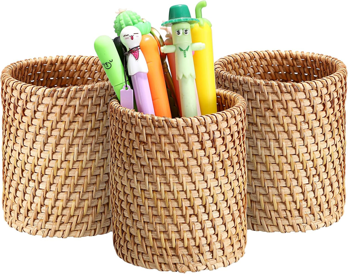 BTSKY Rattan Pen Cup, Handmade Desk Pencil Holders Makeup Brush Holder Multi-Functional Woven Basket Office&Home Desktop Organizer(Cone)