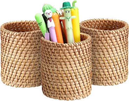 BTSKY Rattan Pen Cup, Handmade Desk Pencil Holders Makeup Brush Holder Multi-Functional Woven Basket Office&Home Desktop Organizer(Cone)