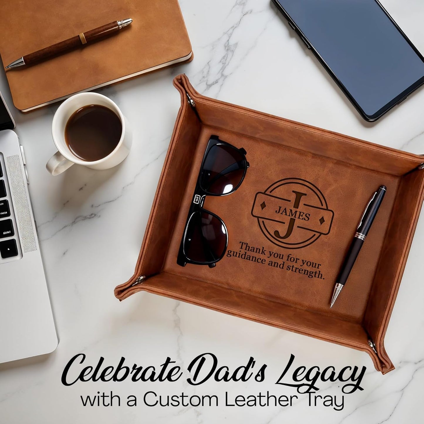 Personalized Engraved Leather Tray for Men with Engraved Name, PU Leather Valet Organizer for Dad, Custom Gift for Him, Custom Catchall Tray for Desk, Office, Accessories Travel Organizer for Men