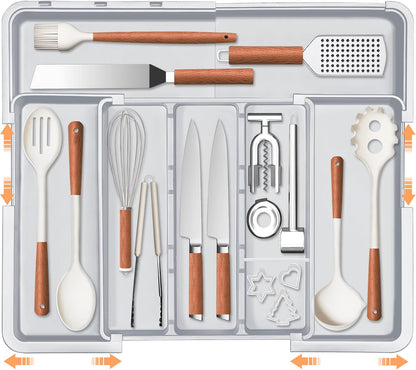 Spaclear Large Utensil Drawer Organizer Expandable Silverware Organizer for Kitchen Drawer Adjustable Cooking Utensil Holder Cutlery Flatware Tray Spatula Tools Gadgets Storage Dividers Plastic Black