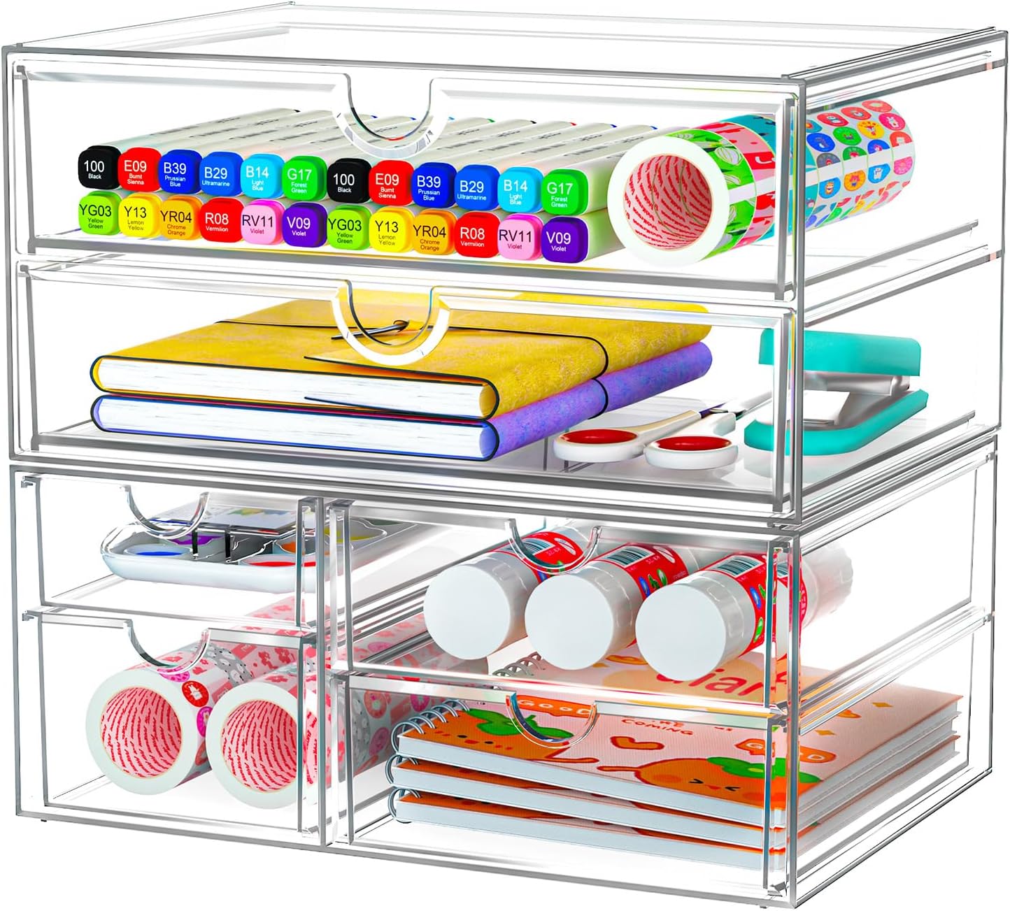 ARSTPEOE Makeup Acrylic Organizer with 17 Drawers(4 Sets), Desk Organizers and Accessories, Clear Makeup Organizer, Dustproof Storage Drawers for Office Art Craft Supplies