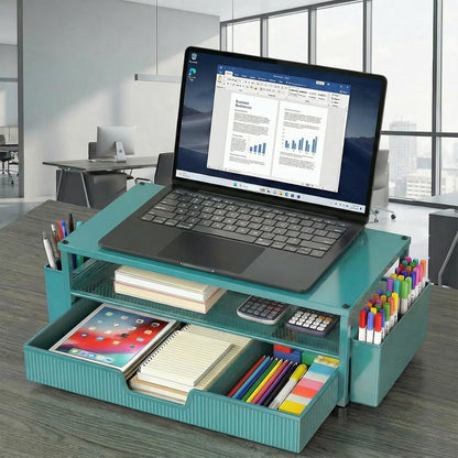 ECOLOVI Desk Organizer and Accessories, 2-Tier Computer Monitor Stand Rise with Storage Drawer & 2 Pen Holders, Laptop & Printer Stand for Desktop, Workspace Organizers for Office Supplies (Blue)