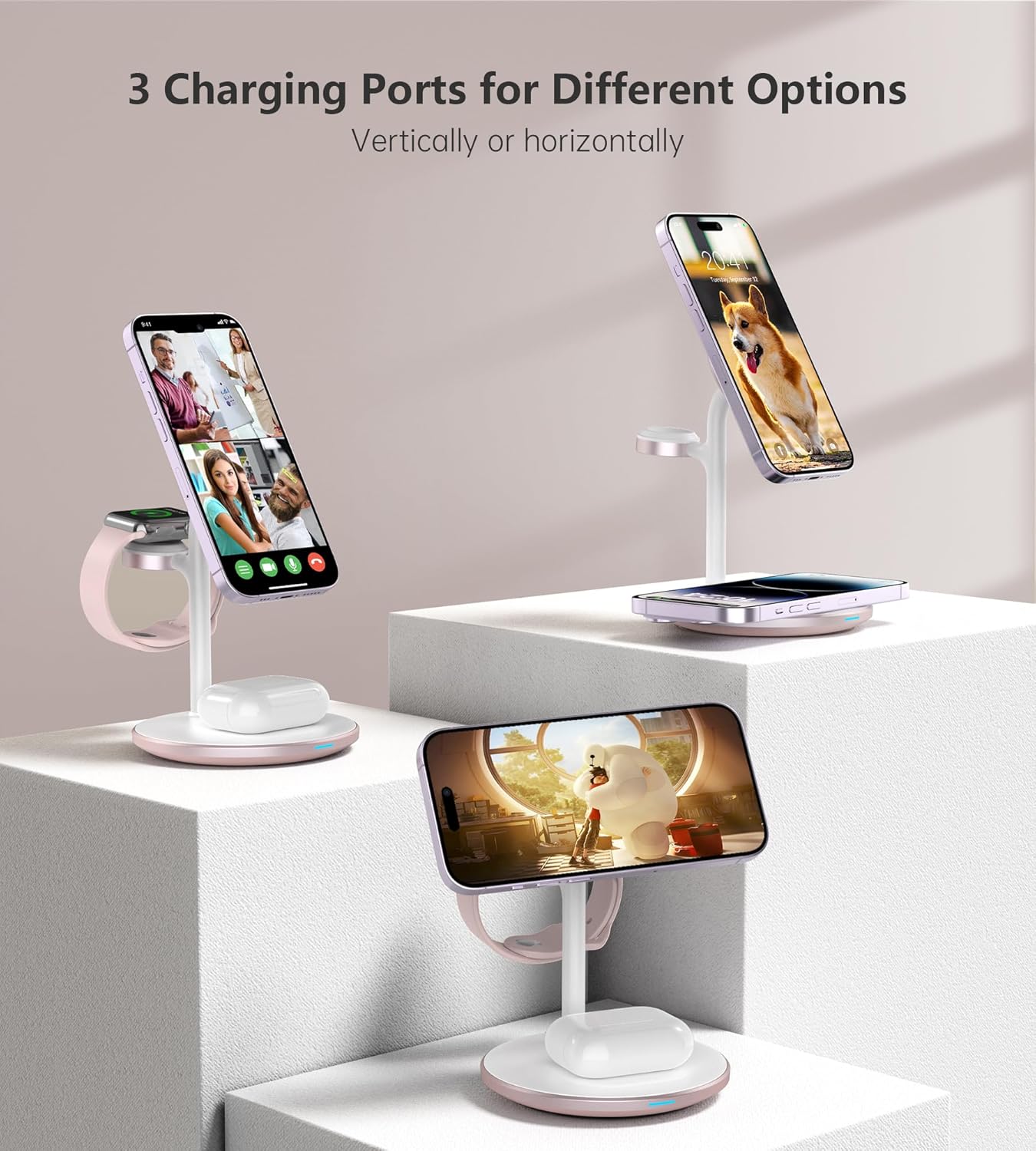 XooFly 3 in 1 Wireless Charging Station for Apple Devices, Fast Wireless Mag-Safe Charger Stand with 20W Adapter for iPhone 17 16 15 14 13 12 Pro Max/Air/Plus/Pro,iWatch,AirPods-Gift for Wife&Husband