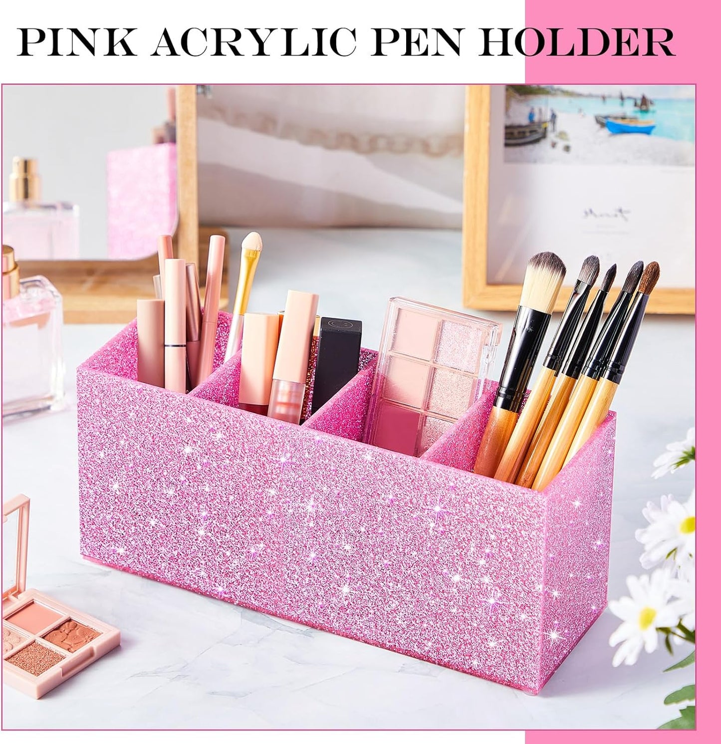 Jetec Acrylic Pen Holder 6 Compartments Makeup Brush Stationery Organizer Pencil Holder for Desk Accessories, Cosmetic Brushes, Dorm, Home, Bathroom, Kitchen, Office Supplies(Neon Pink)