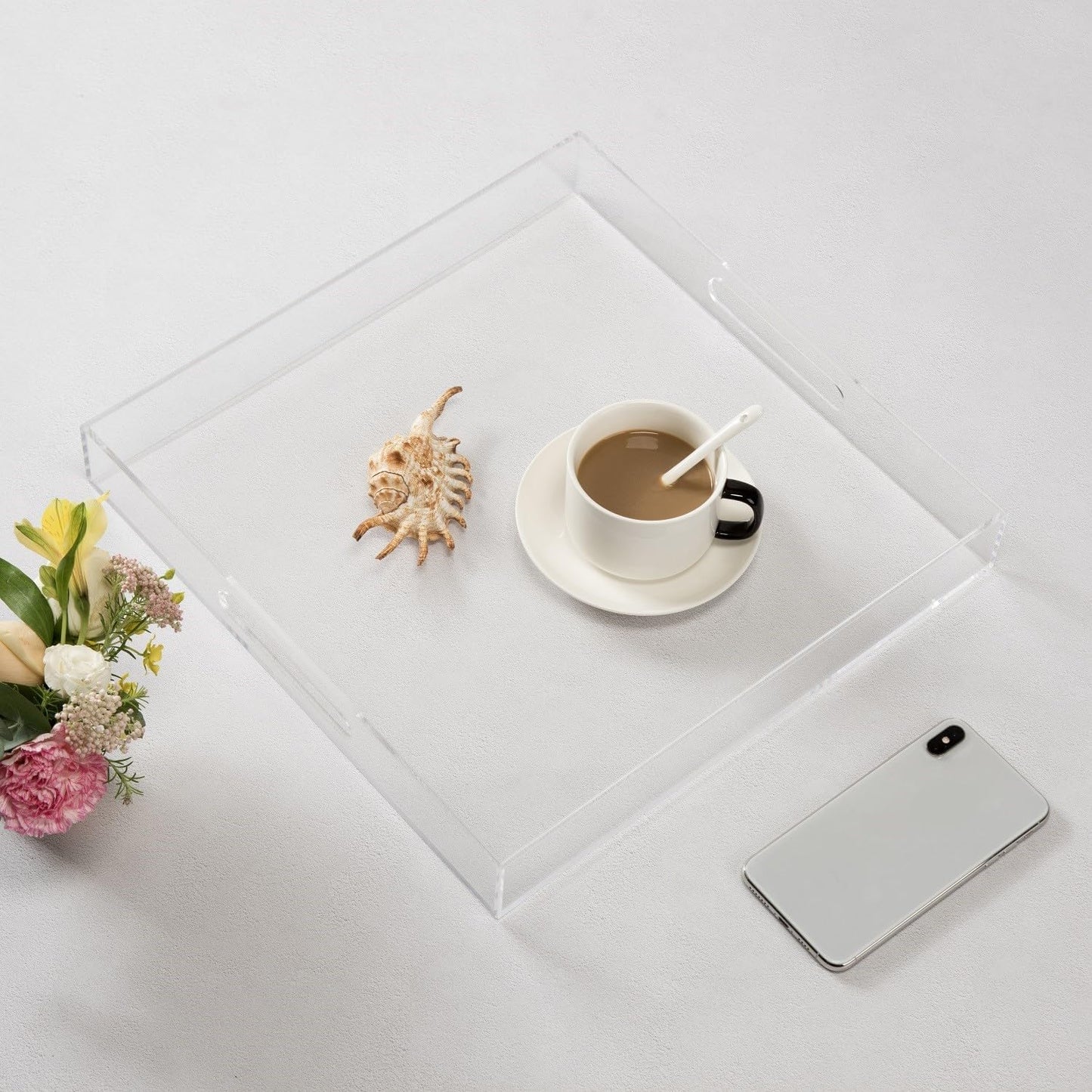 KEVLANG Clear Sturdy Acrylic Serving Tray with Handles-12x16Inch-Serving Coffee,Appetizer,Breakfast,Butler-Kitchen Countertop -Makeup Drawer Organizer-Vanity Table -Ottoman