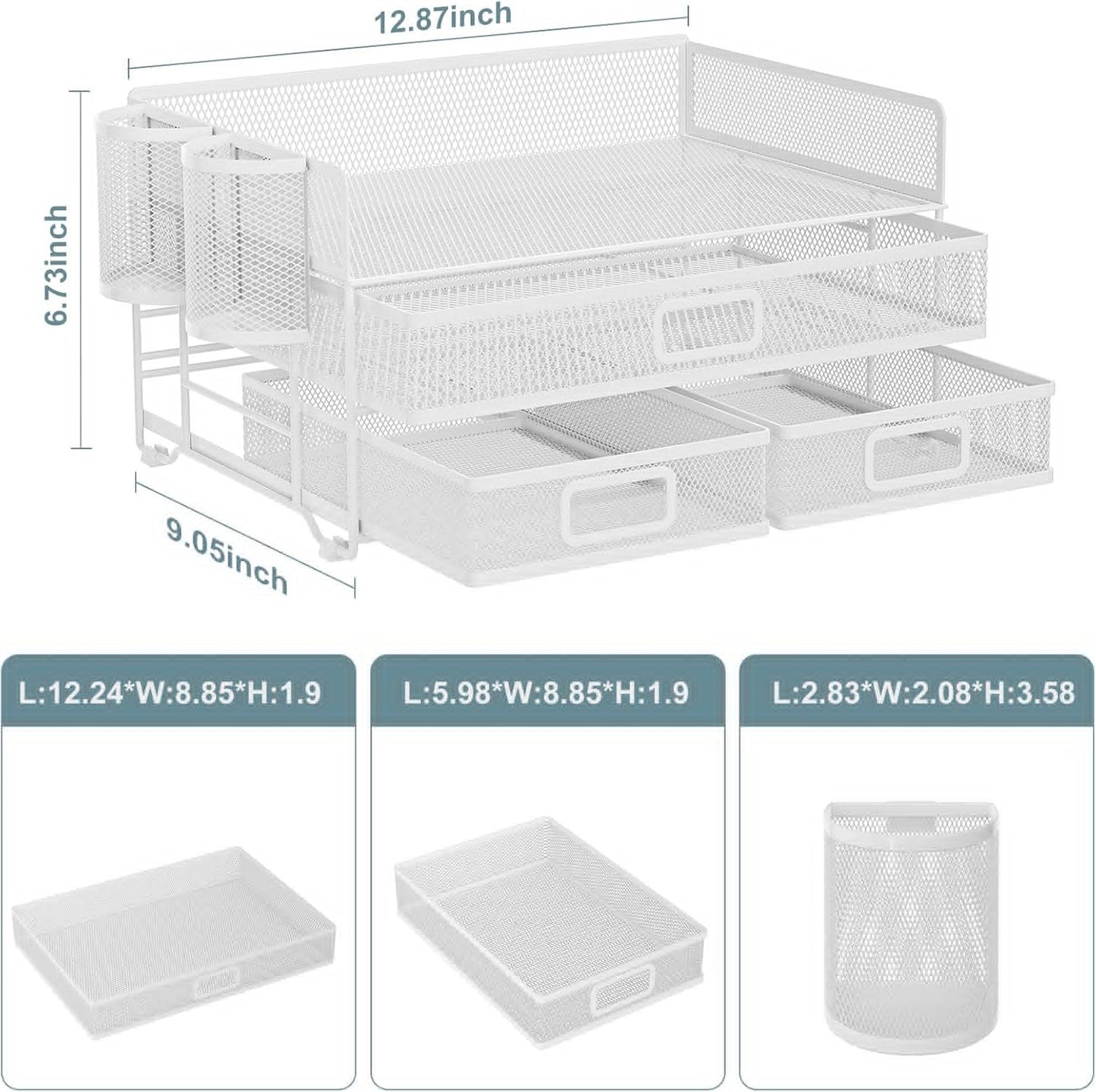 Marbrasse 3 Tier Mesh Desk Organizer with Drawer, Multi-Functional Desk Organizers and Accessories, Paper Letter Organizer with 2 Pen Holder for Home Office Supplies (Black)