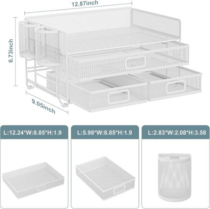 Marbrasse 3 Tier Mesh Desk Organizer with Drawer, Multi-Functional Desk Organizers and Accessories, Paper Letter Organizer with 2 Pen Holder for Home Office Supplies (Black)