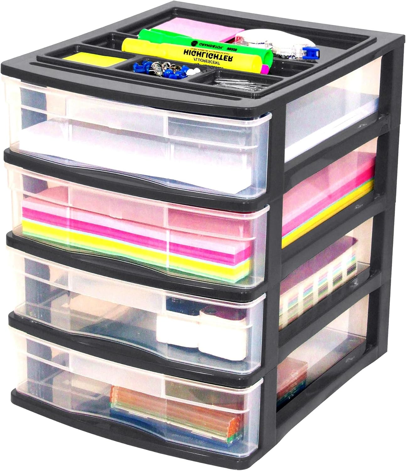Gracious Living 4 Drawer Desktop & Countertop Organizer w/Organization Lid for Craft Storage, Office Supplies & School Supplies, Black/Clear (2 Pack)