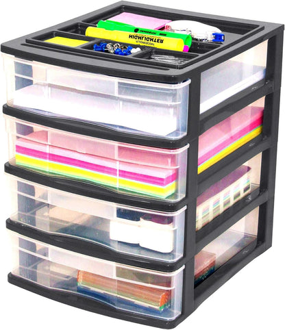Gracious Living 4 Drawer Desktop & Countertop Organizer w/Organization Lid for Craft Storage, Office Supplies & School Supplies, Black/Clear (2 Pack)