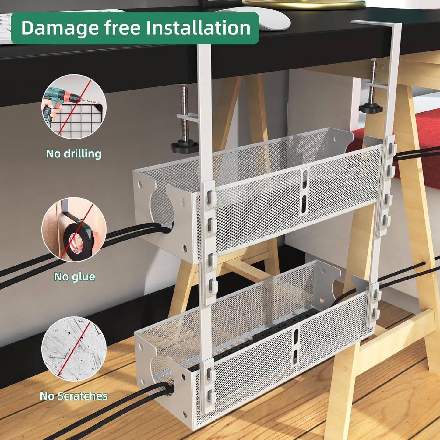 Multi-Model Under Desk Cable Management 2 Pack Metal Under Desk Wire Management Tray Clamp Mount Under Table Cord Management No Damage The Desk（White）