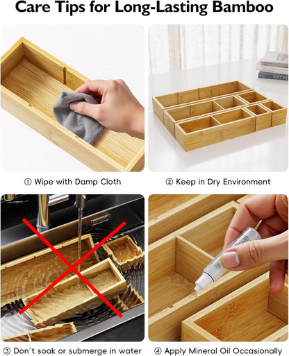 Bamboo Drawer Organizer with 9 Adjustable Compartments, Office Desk Organization Tray for Office Utensils, Supplies, Makeup, Jewelry, and More – Ideal for Desk or Drawer Storage