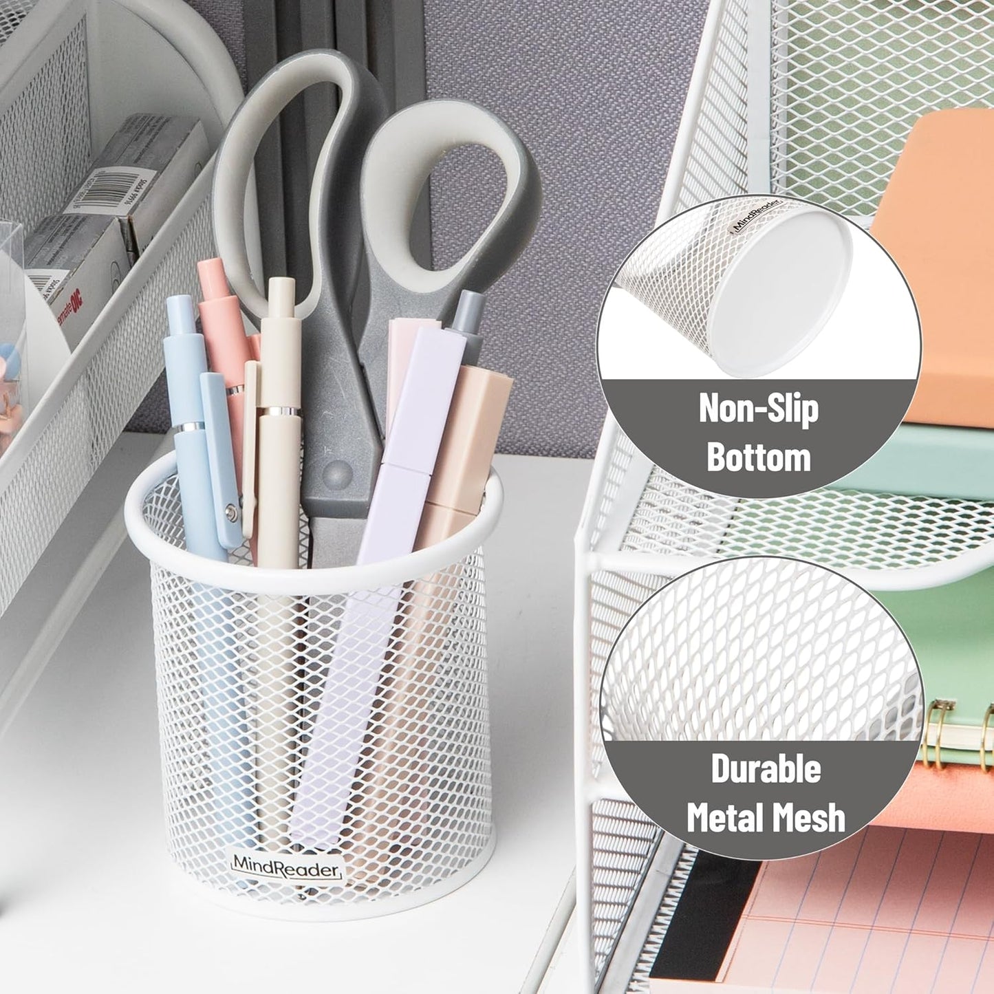 Mind Reader Pen and Accessories Holder, Desktop Organizer, Office, Metal Mesh, 3.5"L x 3.5"W x 3.75"H, Set of 3, Black