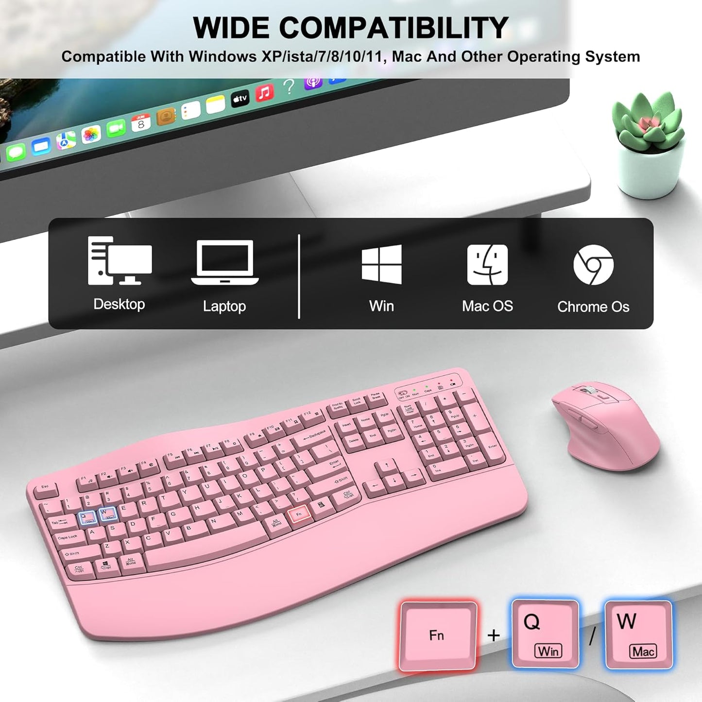 Wireless Keyboard and Mouse Combo, 2.4G Full Size Wave Keys Ergonomic Keyboard with Wrist Rest and 3-Level DPI Adjustable Wireless Ergonomic Mouse for Windows, Mac OS Desktop/Laptop/PC(Black)