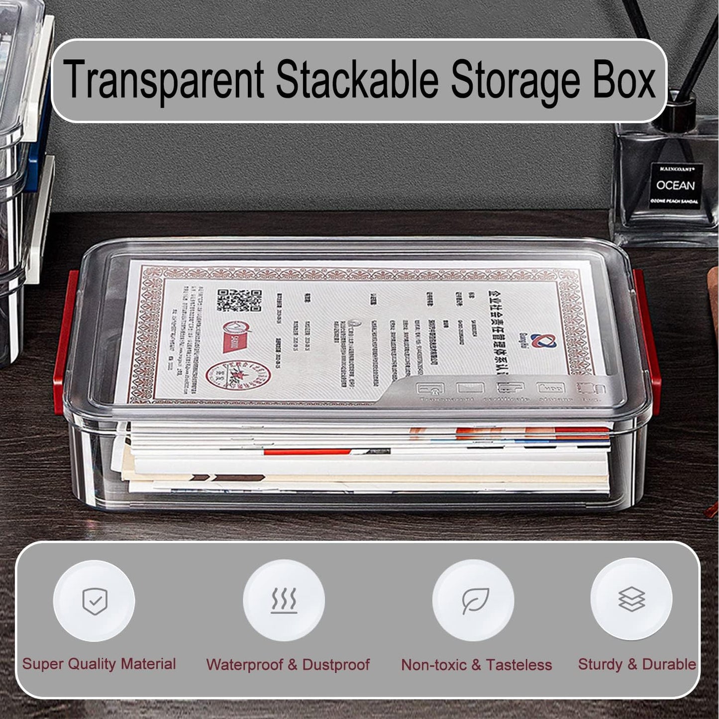 Clear File Storage Box with Lids, A4 Storage Box for 8"x11" Paper, Plastic A4 Container, Stackable Magazine File A4 Paper Project Case Bins, Desk Organizer Office Invoice Document