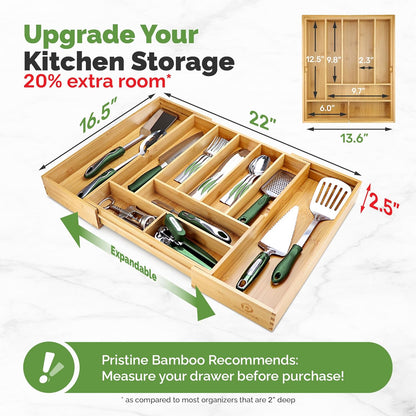 Pristine Bamboo Expandable Drawer Organizers for Kitchen - Extra Deep Non-Slip 17” x 14.6” (expands up to 25 inches) - Dark Wooden Silverware Divider (10 Compartments) – Organize Cooking Utensils