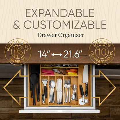 Night Tree 2.5” Extra Deep Silverware Drawer Organizer with Adjustable Dividers – Expandable Bamboo Flatware Tray for Kitchen, Reinforced Wood Cutlery Holder (14"-21.6" Wide)
