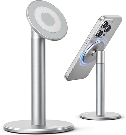 Nulaxy Magnetic Full Aluminum Cell Phone Stand for MagSafe with Metal Ring, 360 Rotating Phone Stand for Desk, Office Desk Accessories, Adjustable Phone Holder Compatible with All Phones, Gray