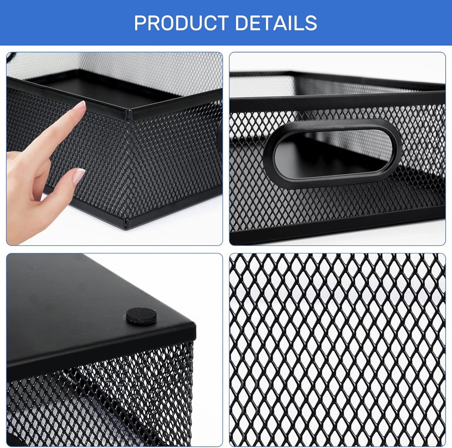 Neudeco Desk Drawer Organizer with 6 Adjustable Dividers, Metal Mesh Pen Organizer for Desk Drawer, Office Supplies Tray (Pack of 4, Black)
