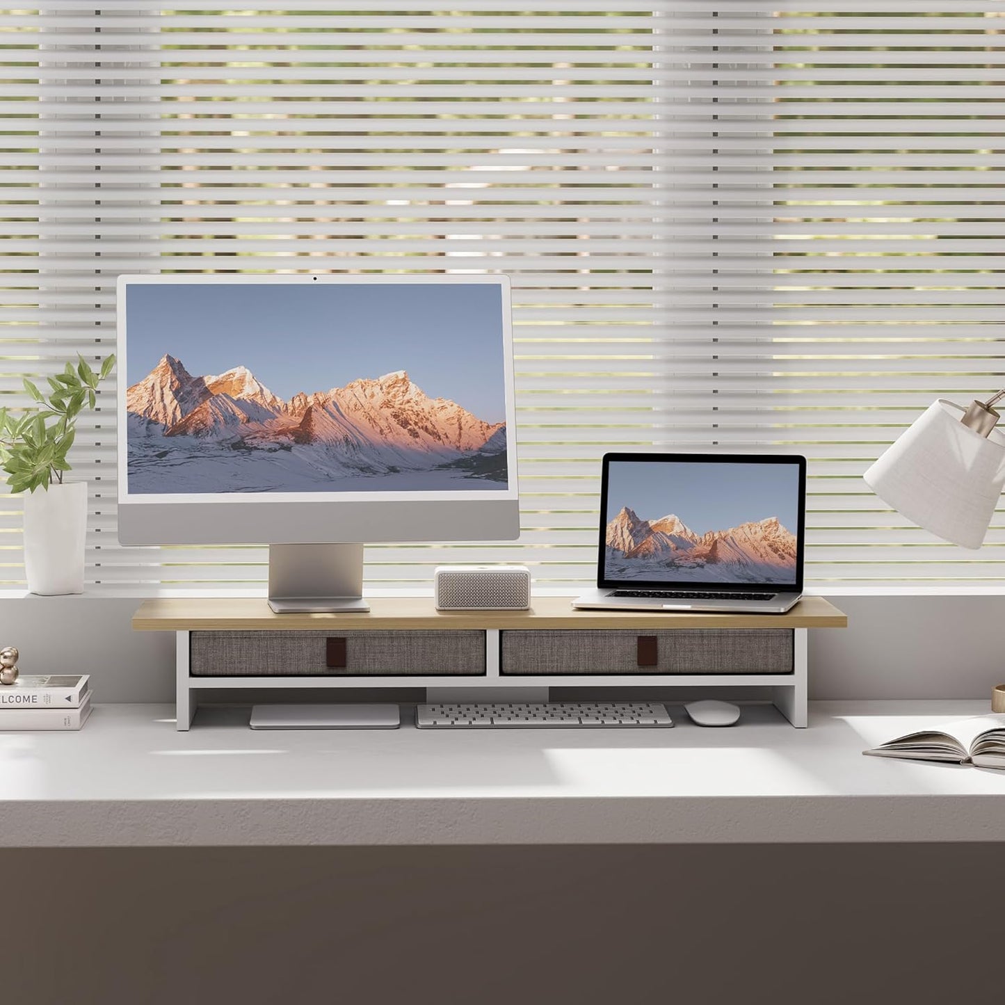 Fenge Monitor Stand with Drawer, 2 Tiers Dual Monitor Riser for Desk, 35 Inch Computer Stand for 2 Monitors, Desk Shelf for Home, Office, Laptop, PC, TV, Printer