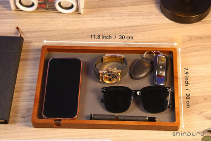 Shinpuru Wooden Valet Tray for Men, Nightstand Organizer with Leather Inlay, EDC Essentials Catchall Tray for Keys, Phone, Wallet, Watch, Earbuds - Bedside Desk Entryway Tray (Wood)
