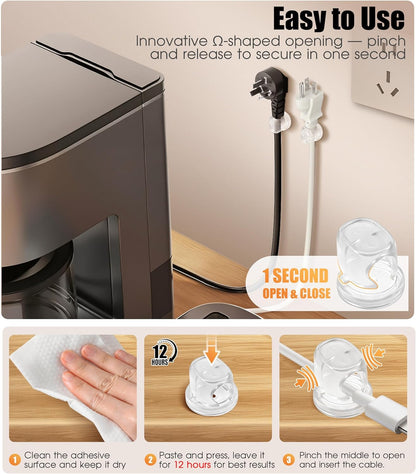8 Pack Cord Organizer, Ω-Shaped Rotatable Cable Clips, Strong Adhesive Cable Management with Nails, Cord Holder for Nightstand, Desk, and Wall (Clear)