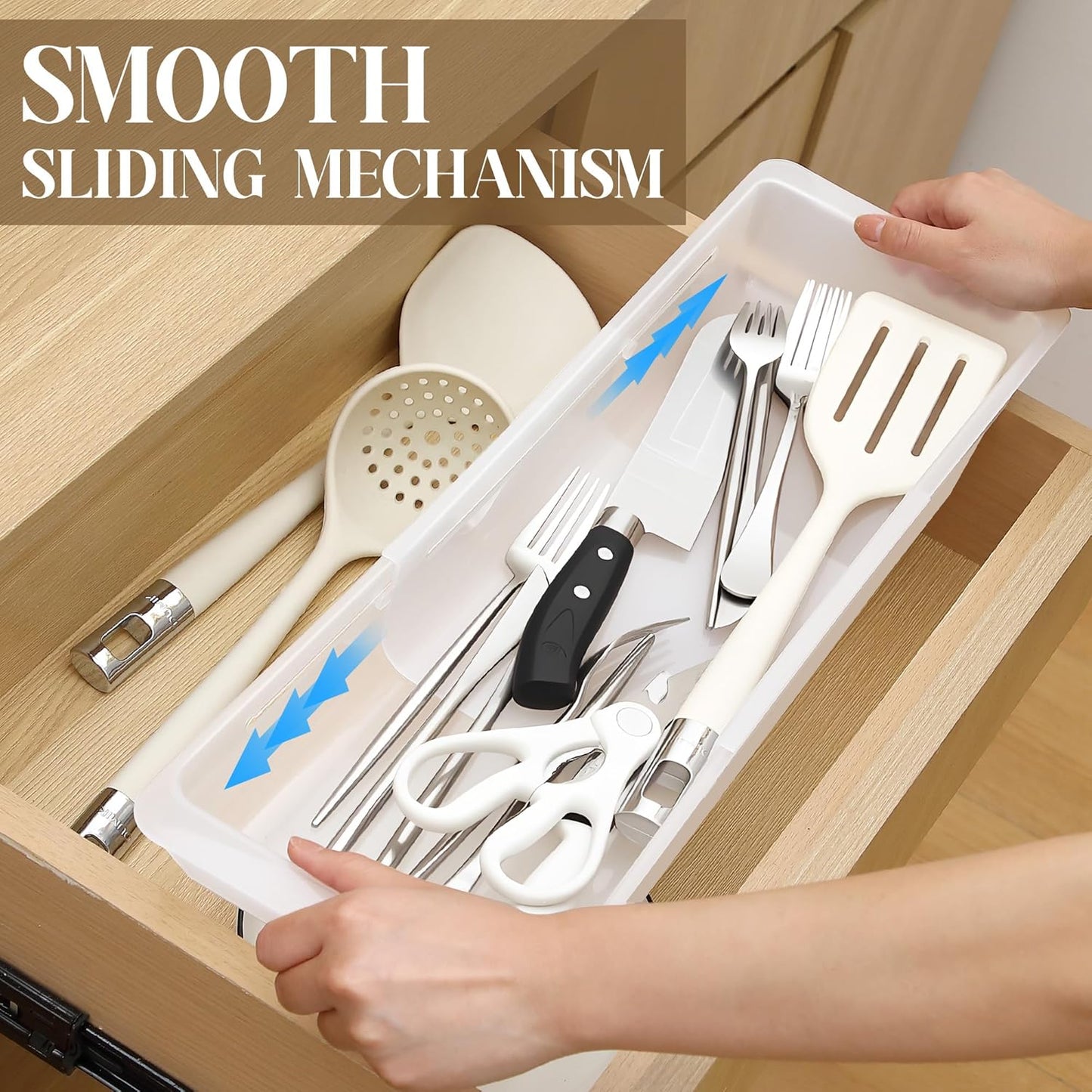 2 Pack Deep Drawer Organizer Bins, Adjustable Sliding Drawer Organizer Bin Expandable Tray for Kitchen Utensils, BBQ Tools, Towels, Durable Plastic Sliding for Easy Storage (17" to 27”)