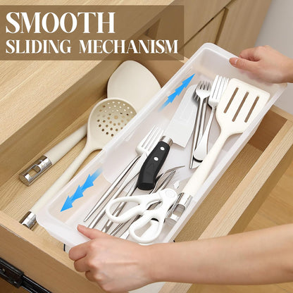 2 Pack Deep Drawer Organizer Bins, Adjustable Sliding Drawer Organizer Bin Expandable Tray for Kitchen Utensils, BBQ Tools, Towels, Durable Plastic Sliding for Easy Storage (17" to 27”)
