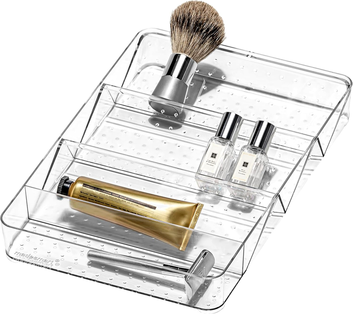 madesmart Angled Storage Tray, Make-up Bathroom Organizer, Lipstick, Razors, Q-Tips, Bath Essentials Angled for Easy-Viewing, Large, Clear