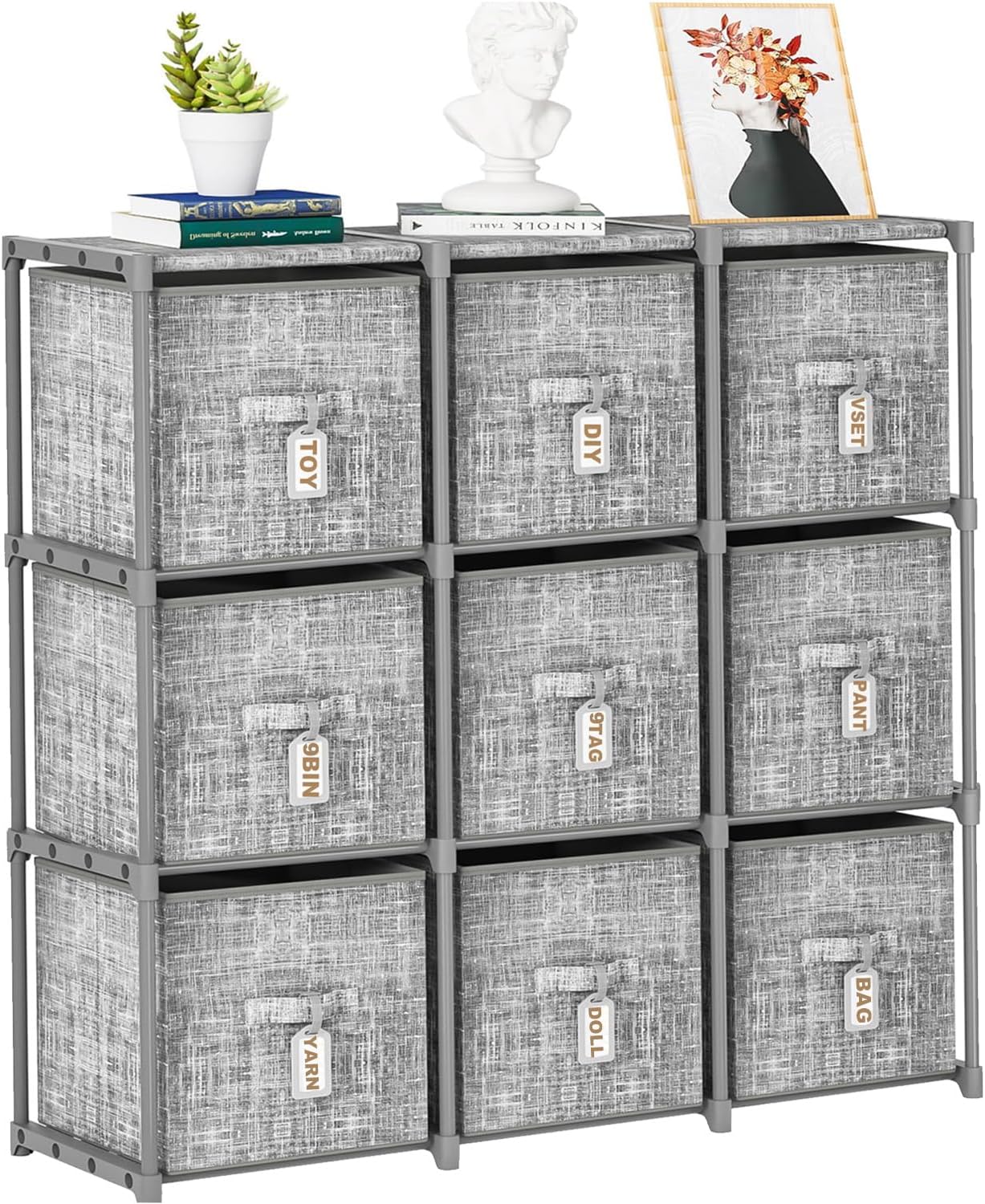 LUKYTOWER Cube Storage Organizer Shelf with Printed Bins + Labels, Cubby Storage Organizer with Bins, Large Capacity Shelves for Storage,Closet, Living Room, Dorm, Yarn (Grey, 6 Cube)