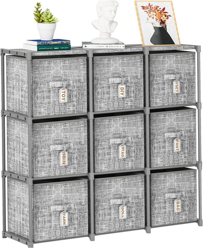 LUKYTOWER Cube Storage Organizer Shelf with Printed Bins + Labels, Cubby Storage Organizer with Bins, Large Capacity Shelves for Storage,Closet, Living Room, Dorm, Yarn (Grey, 6 Cube)