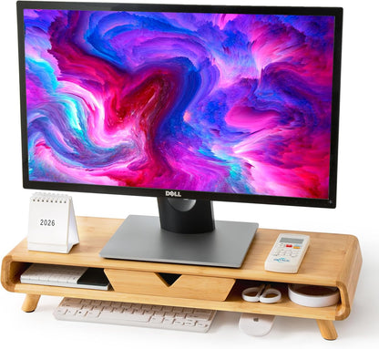 Homerays Monitor Stand with Drawer, Exquisite Computer Monitor Stand for Desk, Ergonomic Wood Monitor Stand Riser for Computer,Laptop,Printer,TV,Bamboo,White